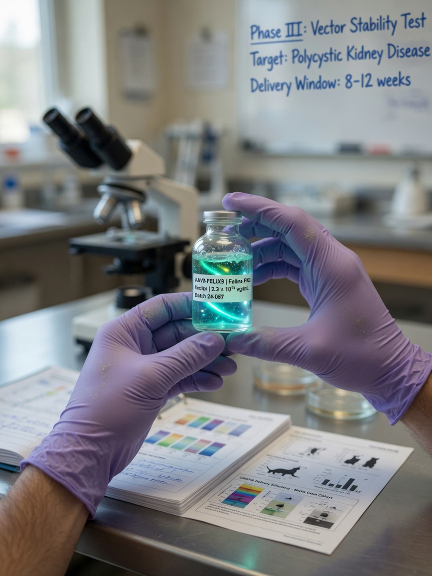 A close-up of a viral vector solution in a laboratory vial, representing the delivery vehicle for gene therapy