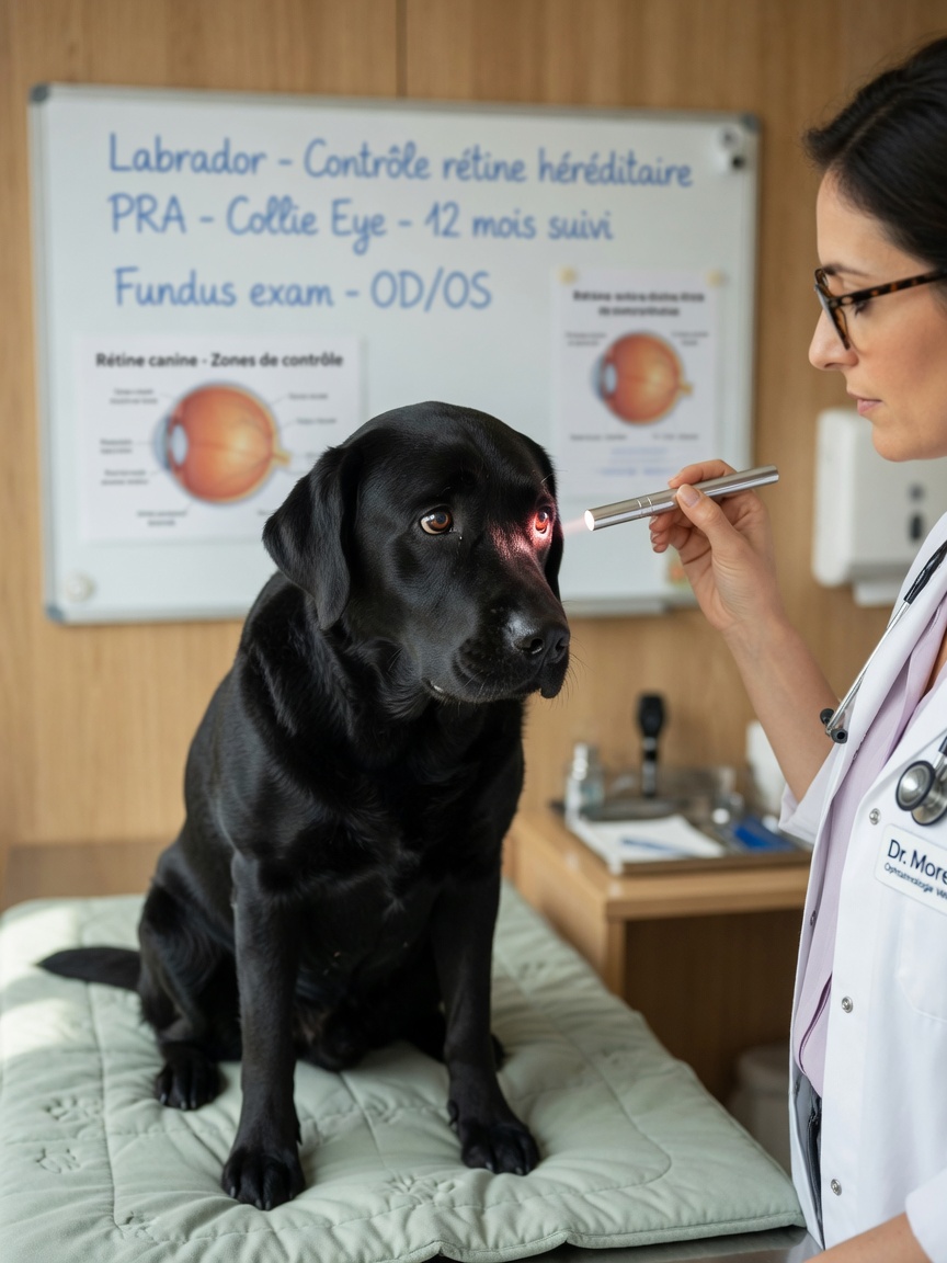 A veterinary ophthalmologist examining a black Labrador Retriever's eye during a specialist consultation for inherited retinal conditions
