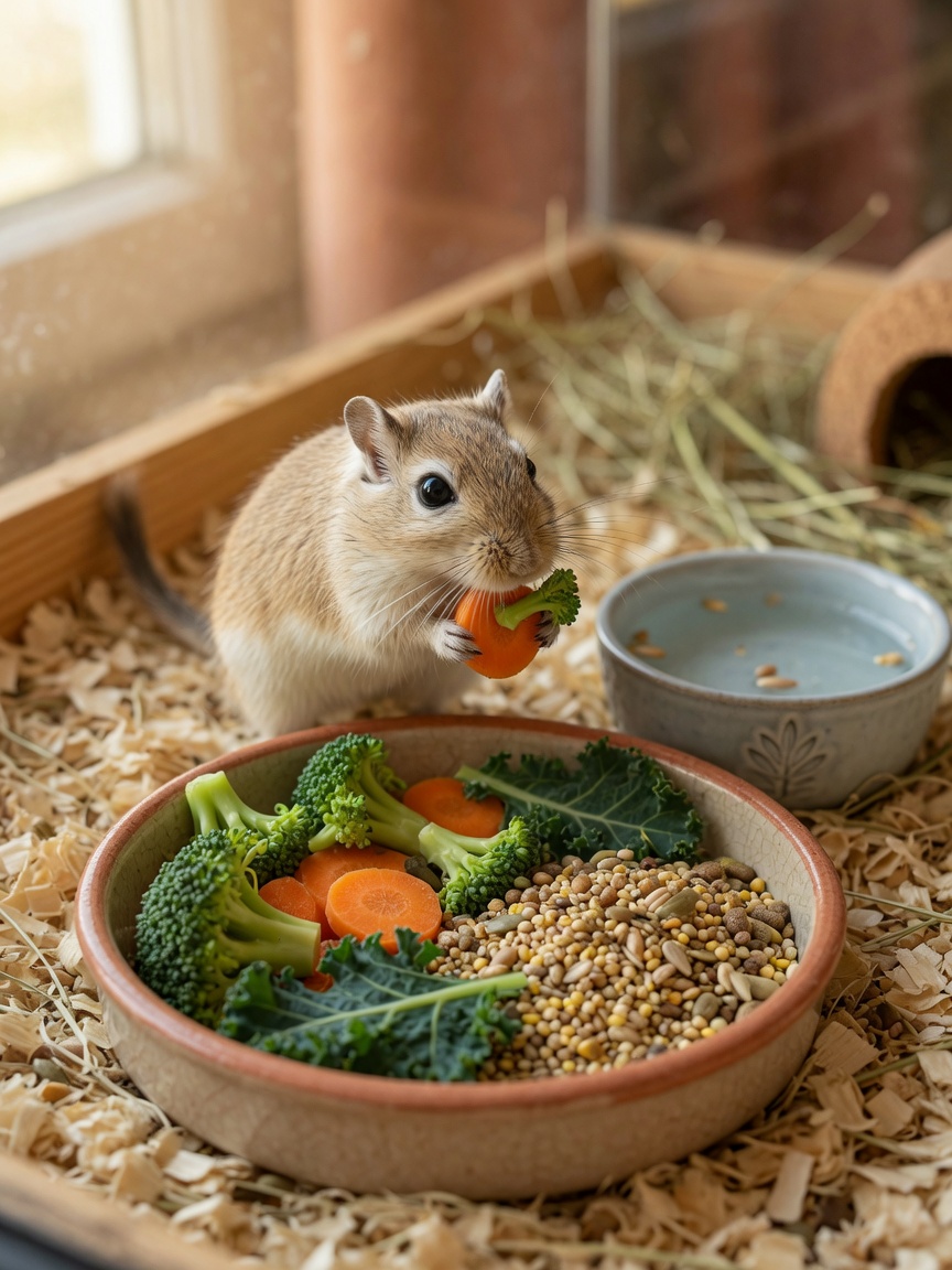 Gerbil de Mongolia forrajeando verduras frescas y mezcla seca de un plato de cerámica en su recinto