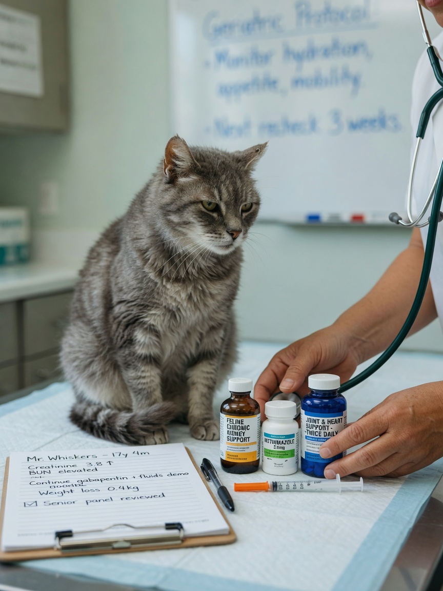 Gato anciano tabby con veterinario revisando múltiples medicamentos y opciones de tratamiento durante consulta de cuidado senior