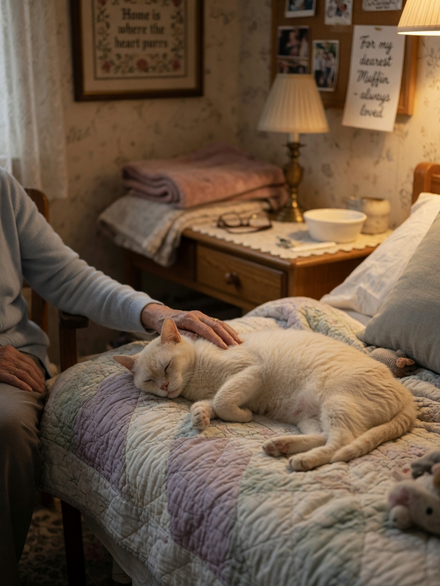 Gato anciano recibiendo cuidado compasivo de hospicio en casa con dueño proporcionando confort en una habitación tranquila y familiar