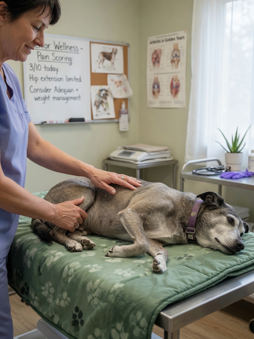 Veterinarian carefully examining an elderly dog's spine and back legs to assess for chronic pain and musculoskeletal issues