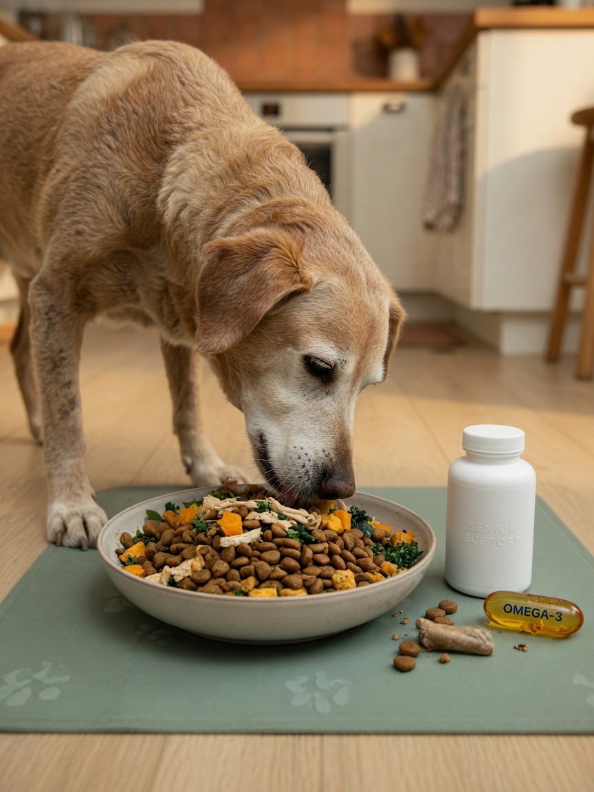 Senior dog eating from a bowl of high-digestibility food with supplements nearby, representing tailored geriatric nutrition