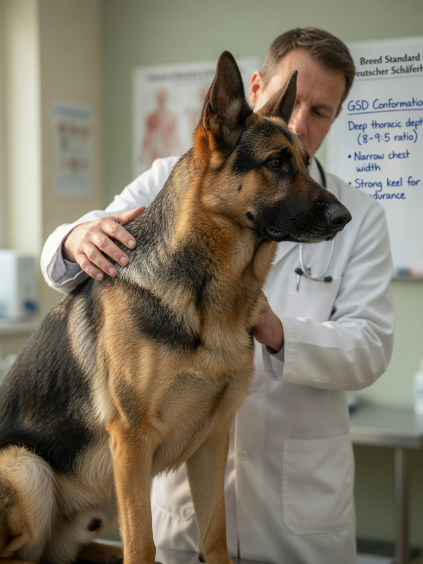 German Shepherd's distinctive deep, narrow chest conformation demonstrated during veterinary breed assessment