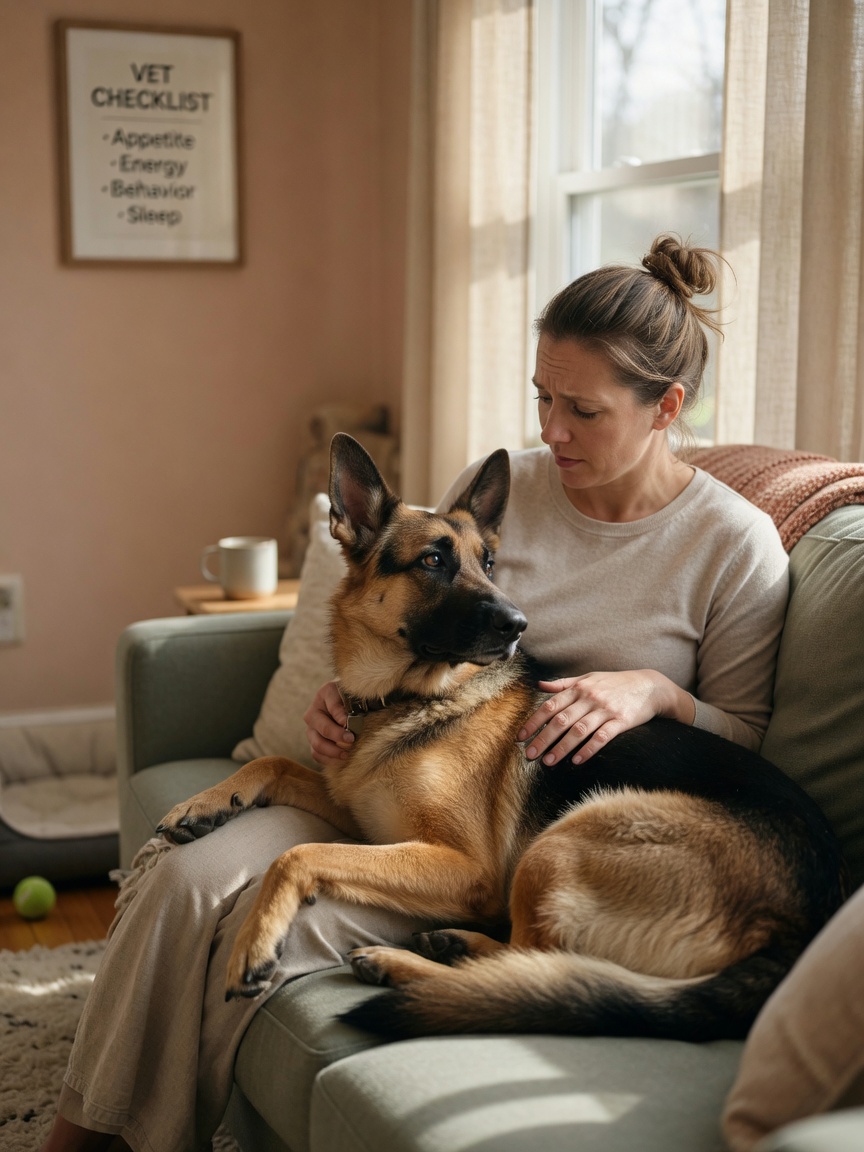 Owner carefully observing and gently examining her calm German Shepherd at home