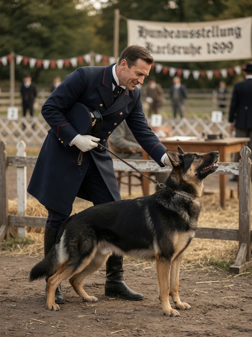 Historical recreation of Max von Stephanitz examining Horand von Grafrath, the foundation sire of the German Shepherd breed, at a 1899 dog show