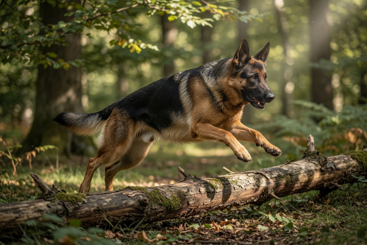 German Shepherd Dog leaping over a log during off-lead run through woodland, demonstrating the breed's high-energy exercise requirements