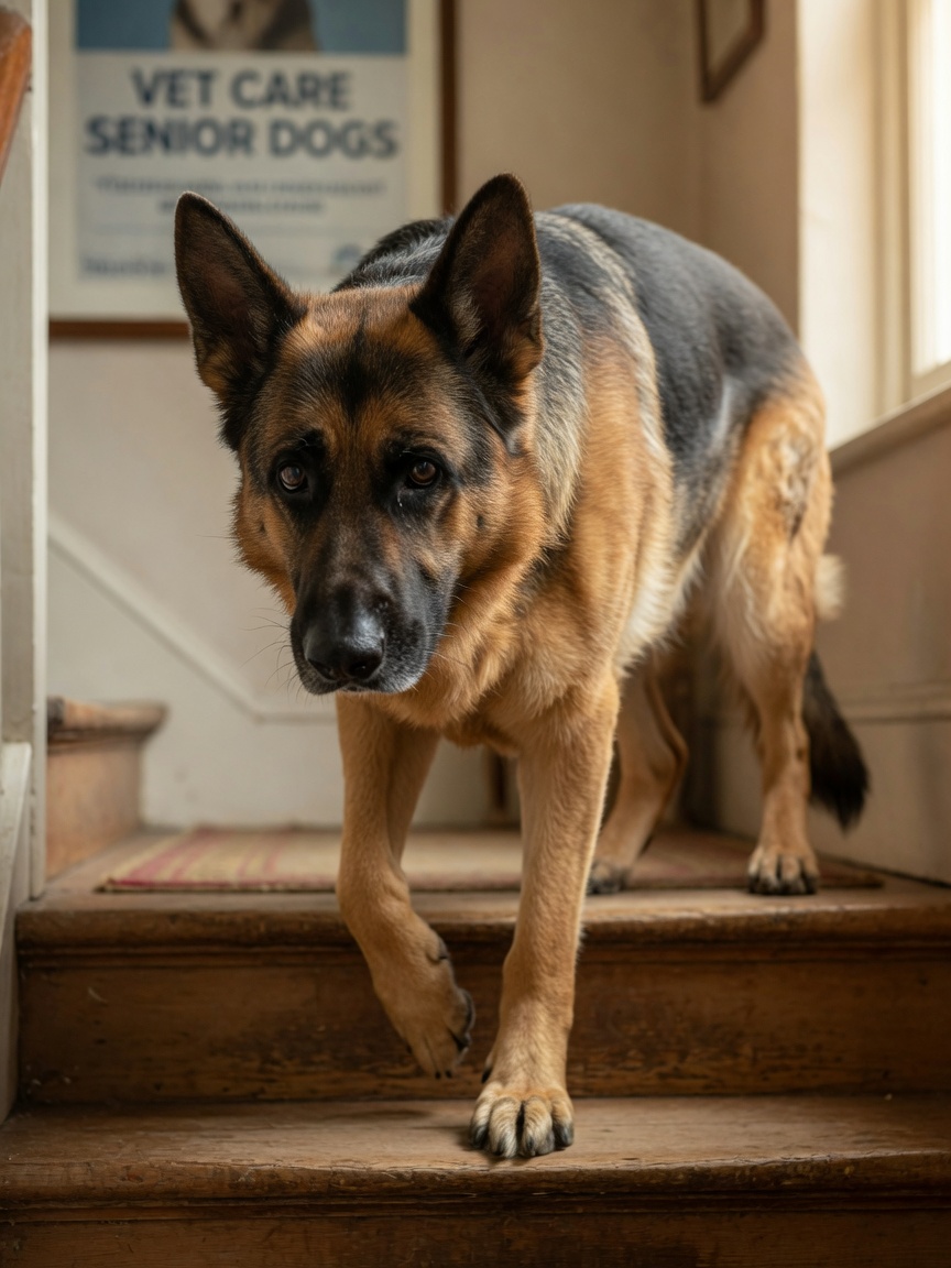 German Shepherd showing reluctance and stiffness while climbing stairs, displaying signs of hip dysplasia