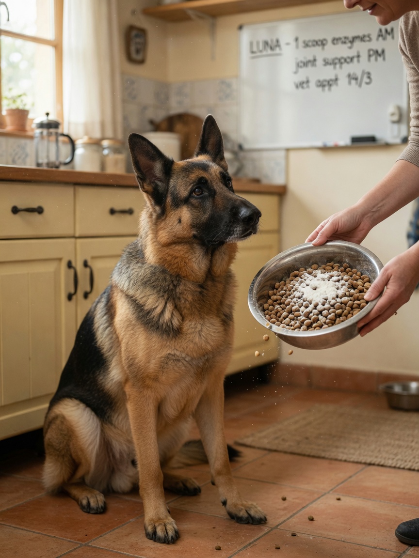 Owner supplementing a German Shepherd's meal with pancreatic enzyme powder to manage exocrine pancreatic insufficiency
