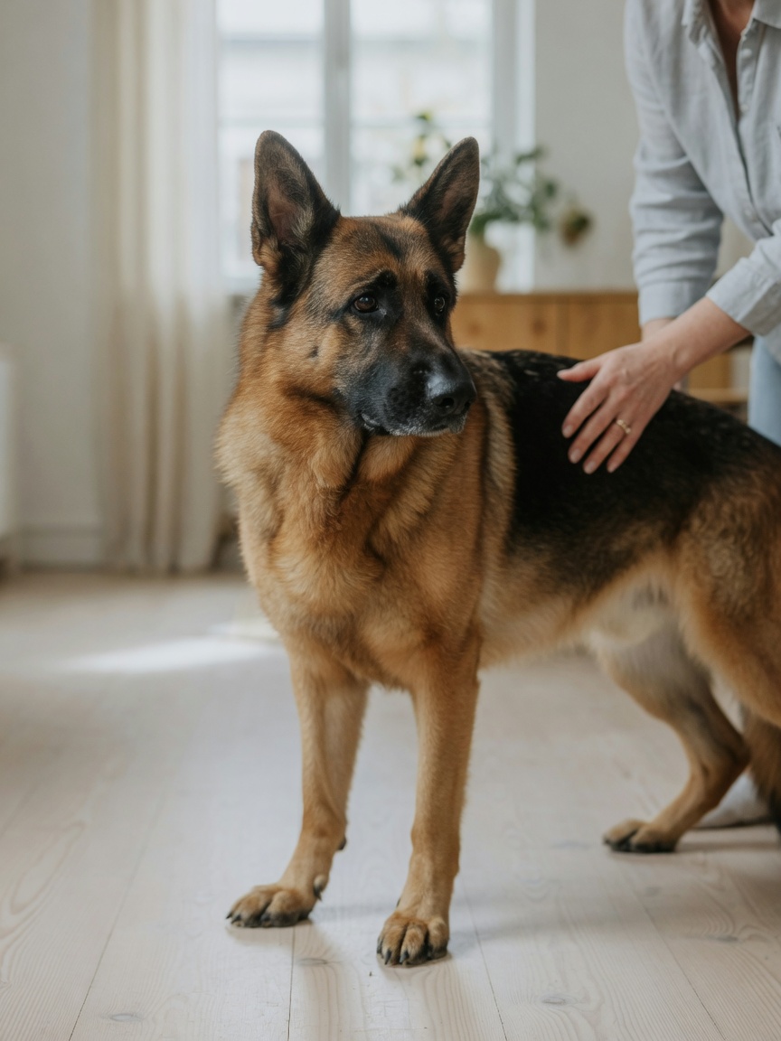 Owner gently observing subtle hind-leg positioning changes in a calm adult German Shepherd indoors