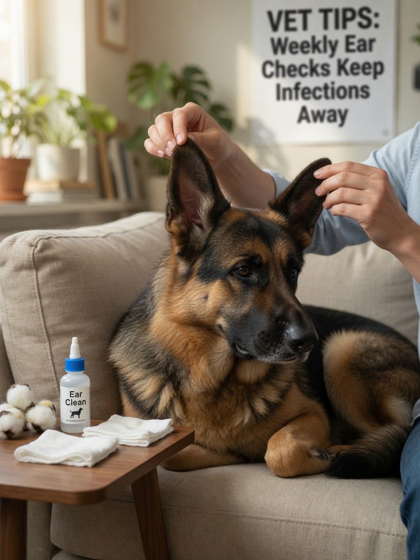 Owner gently cleaning German Shepherd's ear at home using cotton wool and veterinary ear cleaning solution