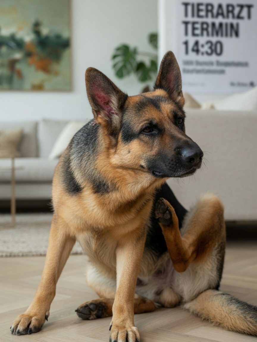 German Shepherd scratching at ear showing signs of ear infection discomfort and irritation