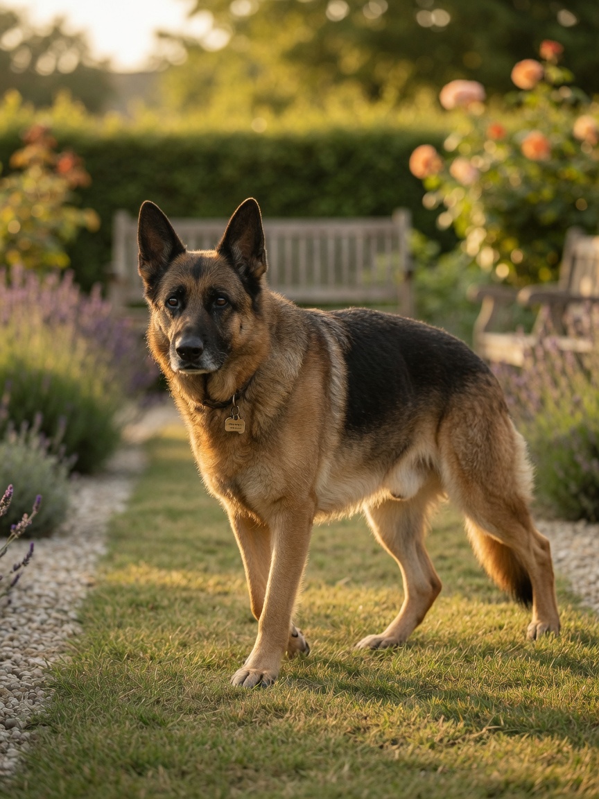 Mature German Shepherd showing early signs of hind limb weakness consistent with degenerative myelopathy