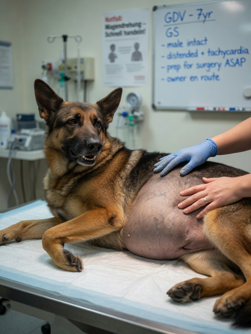 German Shepherd with distended abdomen undergoing emergency veterinary evaluation for suspected bloat