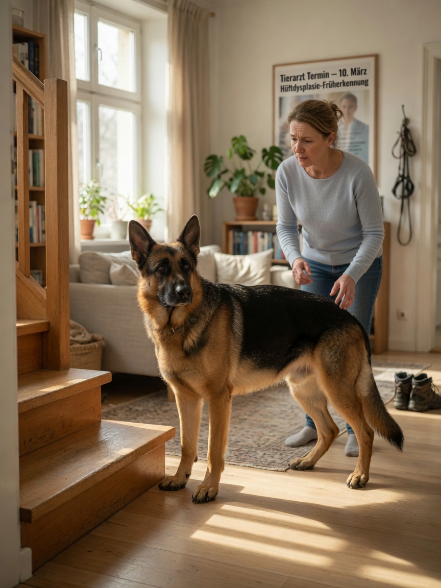 German Shepherd showing reluctance and stiffness while hesitating at the base of household stairs, with owner observing