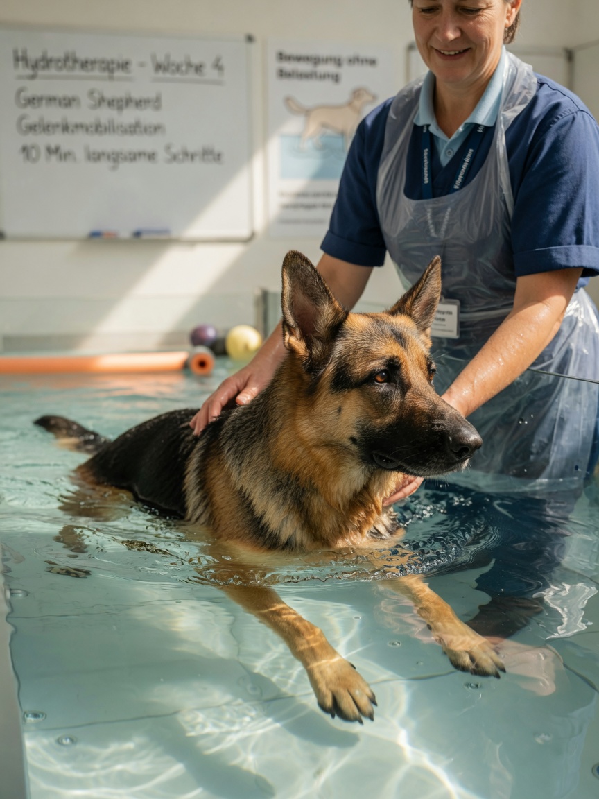 German Shepherd swimming in a hydrotherapy pool with a veterinary therapist guiding controlled low-impact exercise