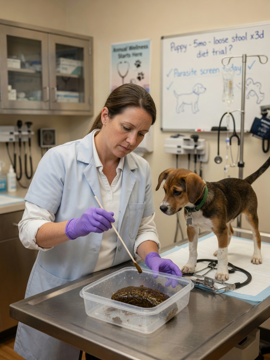 Tierarzt entnimmt und untersucht eine Hundekotprobe zur Giardia-Diagnose