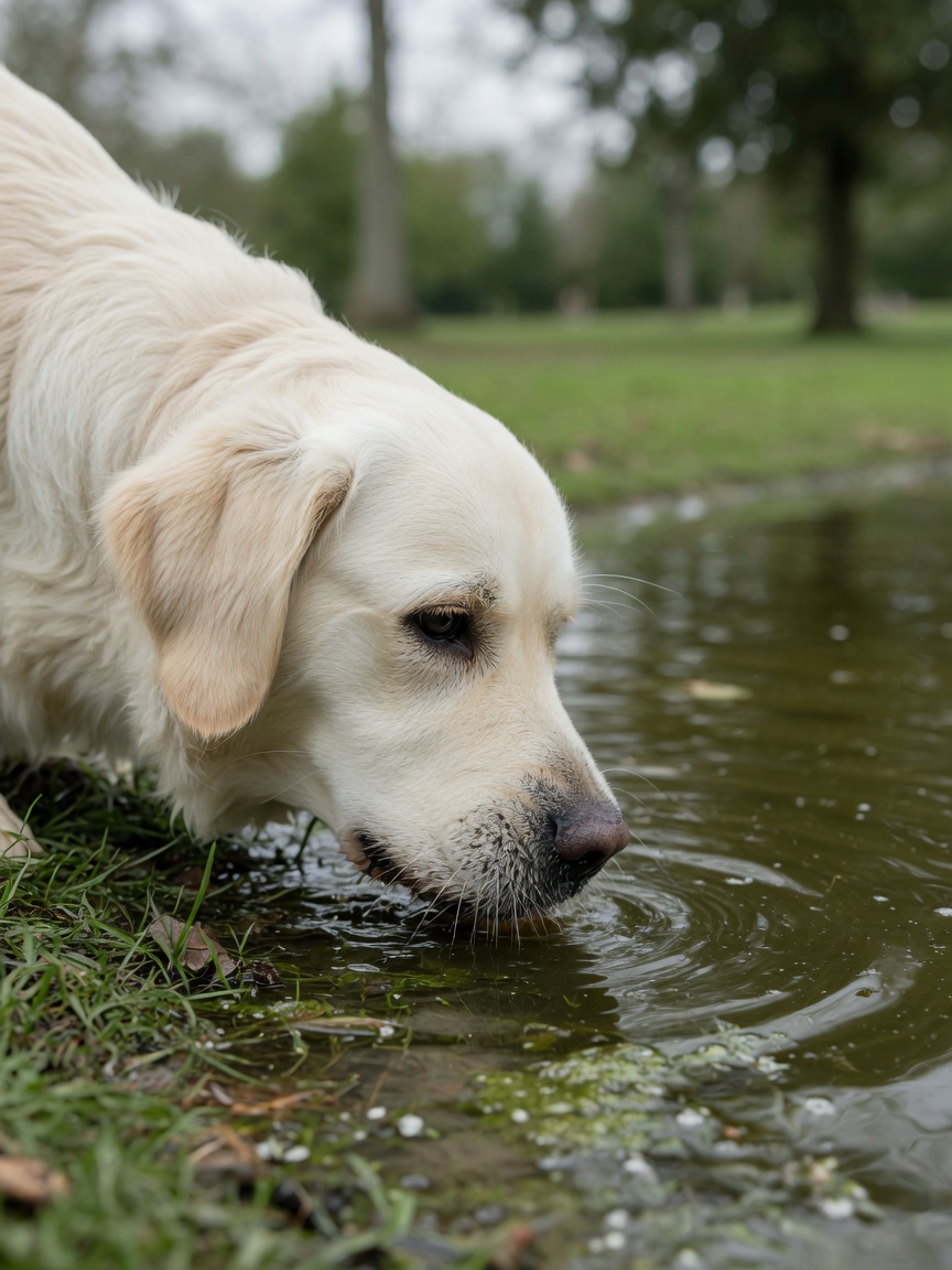 Golden Retriever untersucht kontaminiertes Wasser am Rand eines Teiches, eine häufige Quelle für die Giardia-Übertragung