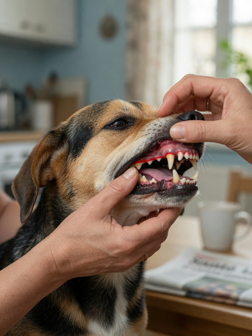Dog owner gently lifting dog's lip to examine red and swollen gums showing signs of gingivitis