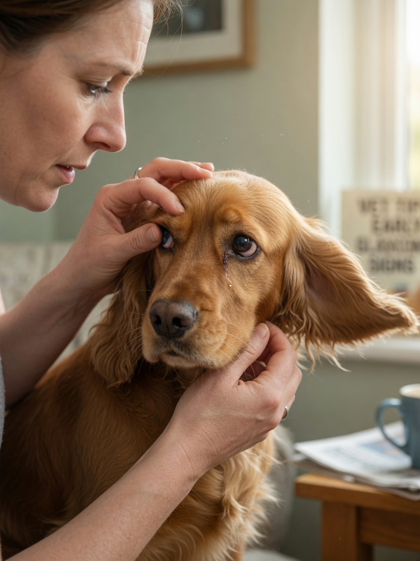 Dog owner carefully examining a Cocker Spaniel's eye for early glaucoma warning signs at home