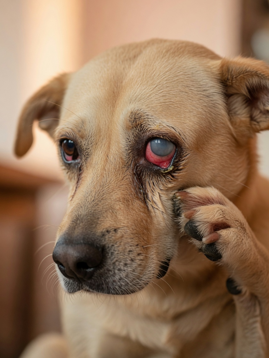 Dog with acute glaucoma symptoms showing red, cloudy eye with bulging appearance and paw raised to rub its face in pain