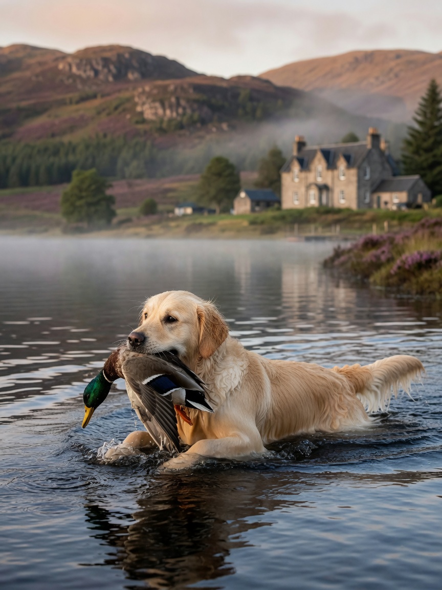 Un Golden Retriever che recupera un'anatra selvatica da un lago delle Highlands scozzesi, circondato da tenute storiche e un paesaggio di brughiera nebbioso.