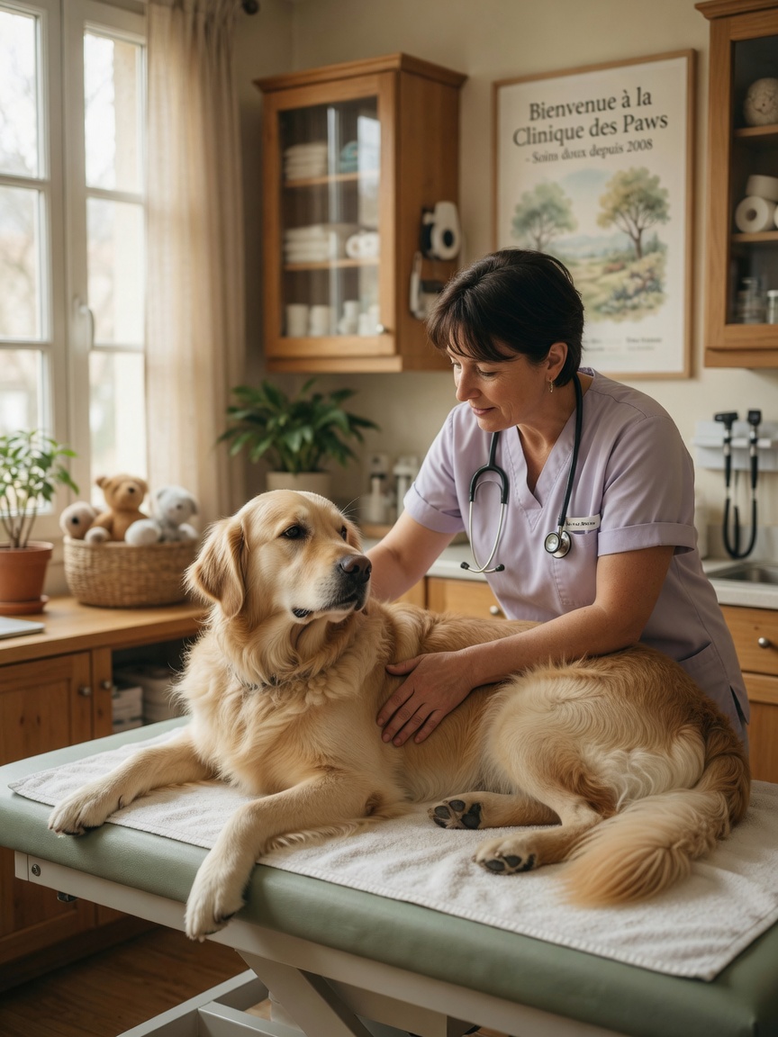 Un veterinario che effettua un accurato esame della salute di un calmo Golden Retriever in una calda sala clinica professionale con luce naturale.