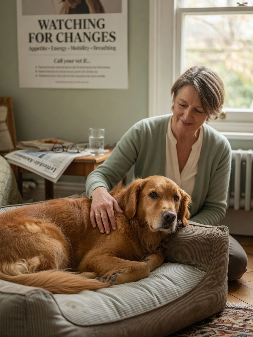 Owner gently observing and monitoring a healthy Golden Retriever resting at home, demonstrating attentive pet care