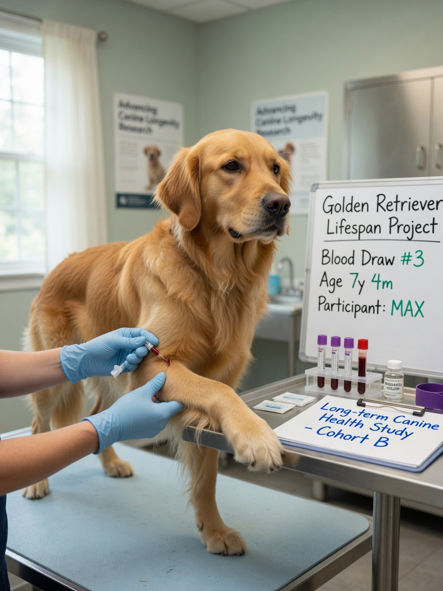 Golden Retriever participating in veterinary research study with blood draw for health data collection