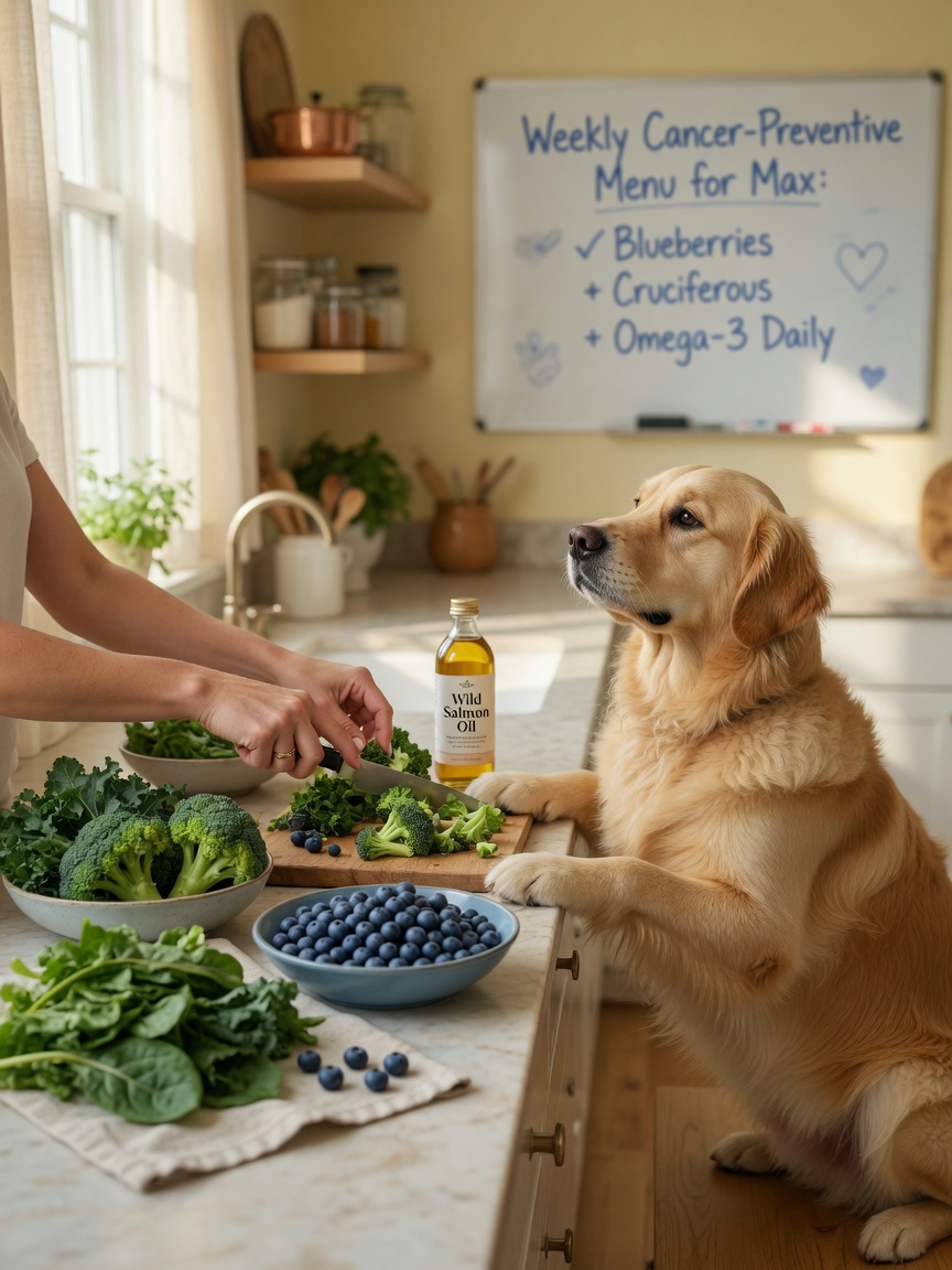 Golden Retriever observing preparation of antioxidant-rich cancer prevention foods including blueberries and vegetables