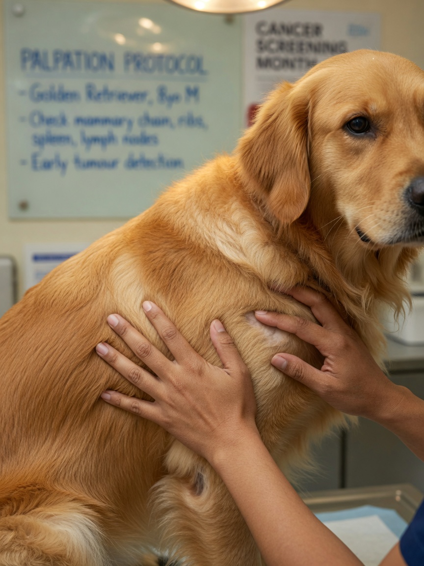 Veterinarian palpating a Golden Retriever's body to check for lumps and tumours