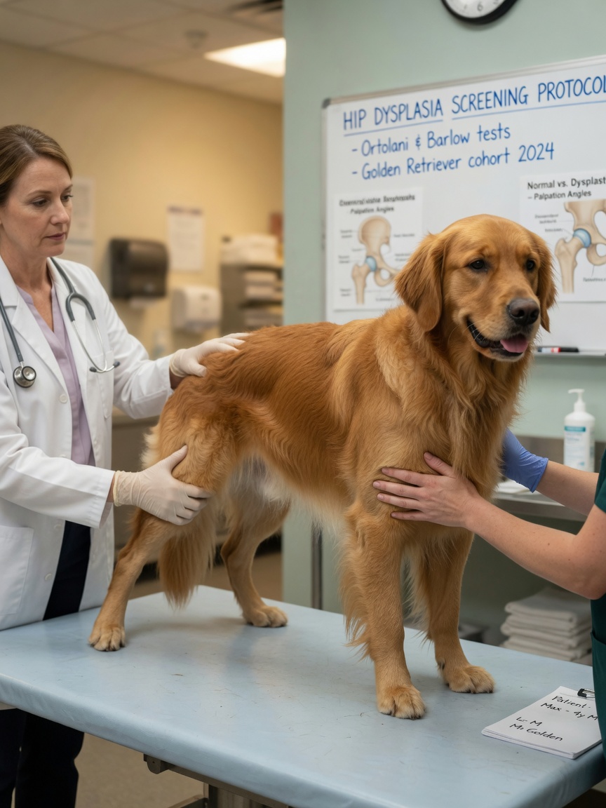 Veterinary hip dysplasia screening examination on a Golden Retriever showing joint assessment technique