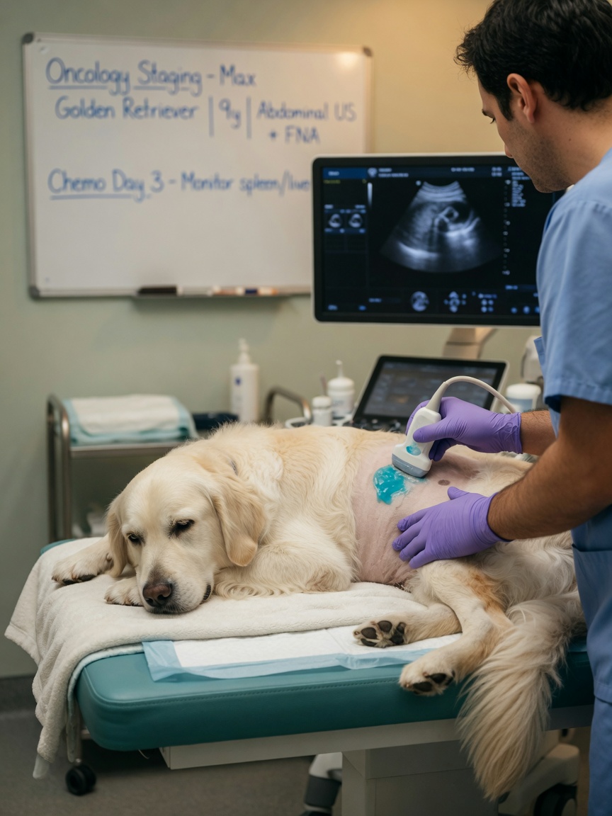 Veterinarian performing ultrasound screening on golden retriever for cancer detection