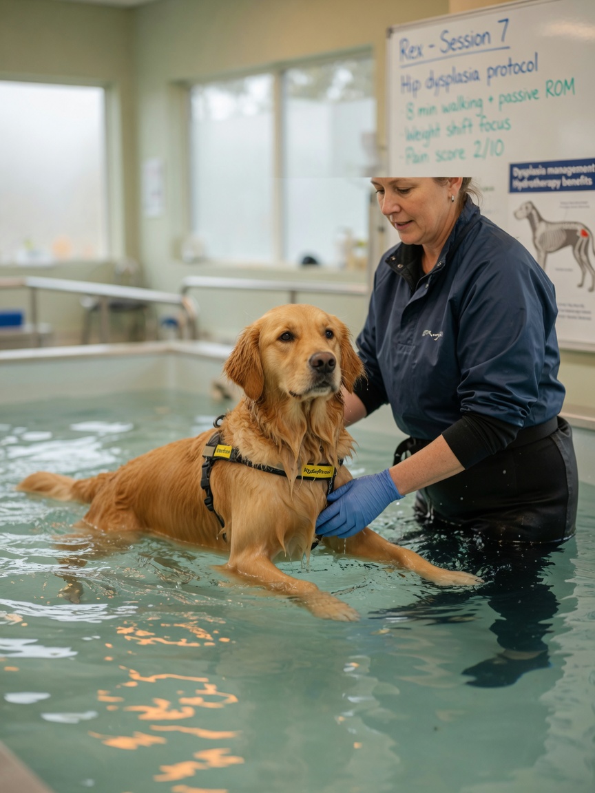 Golden Retriever undergoing hydrotherapy for hip dysplasia and joint rehabilitation