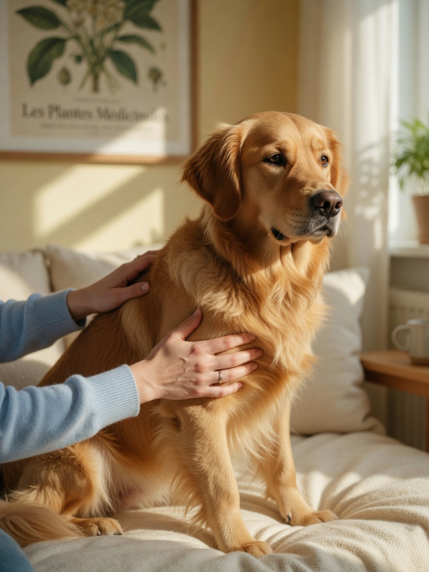 Proprietário a realizar verificação de saúde preventiva no Golden Retriever através da palpação do peito e costelas