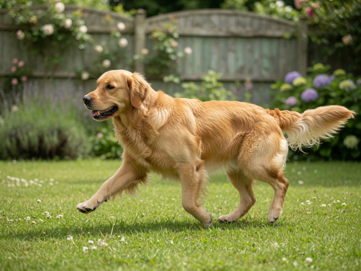 Golden Retriever exibindo marcha tipo coelho característica da displasia da anca durante brincadeira no jardim