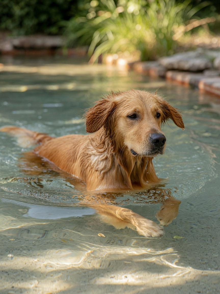 Golden retriever swimming in water for low-impact joint exercise