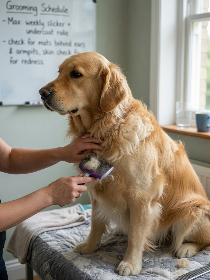 Golden retriever being brushed by owner for coat and skin health maintenance