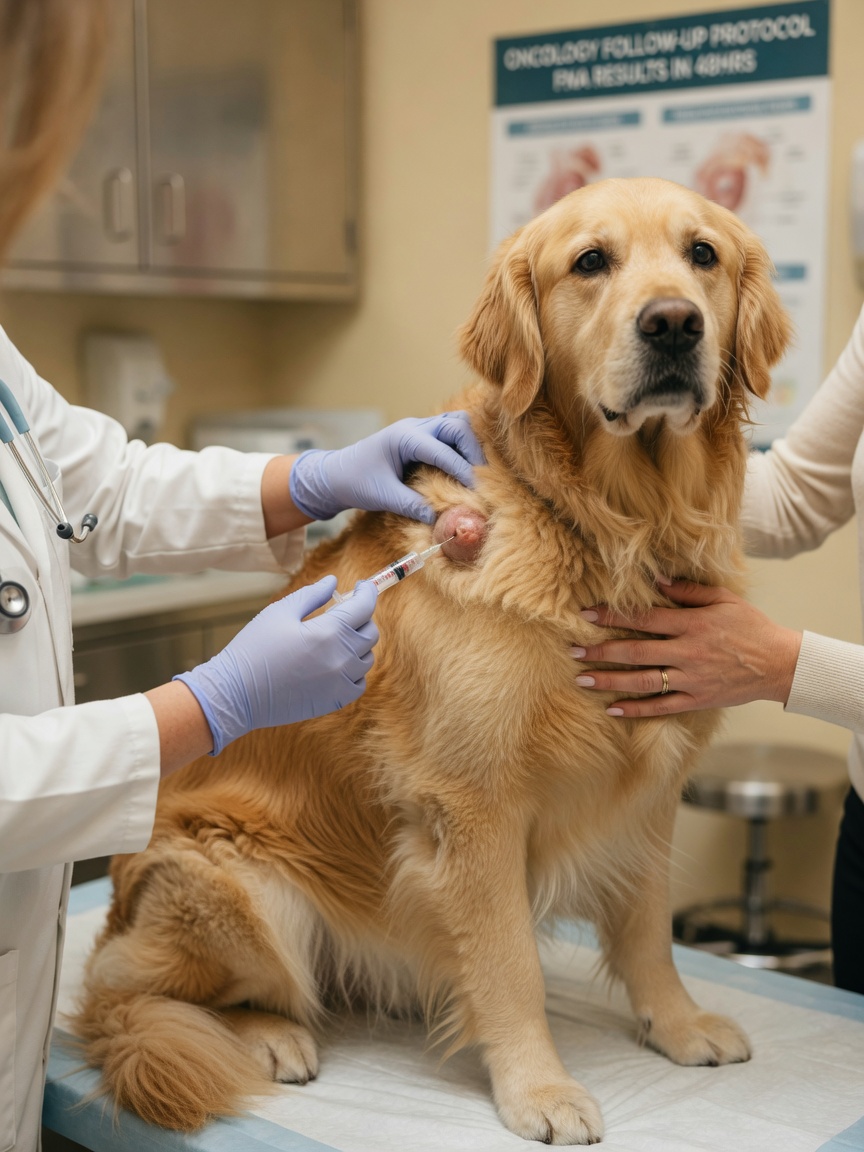 Veterinario che esegue un agoaspirato su un nodulo sulla spalla di un Golden Retriever