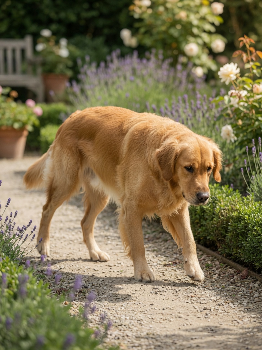 Golden Retriever che mostra l'andatura caratteristica a saltelli di coniglio della displasia dell'anca in un giardino