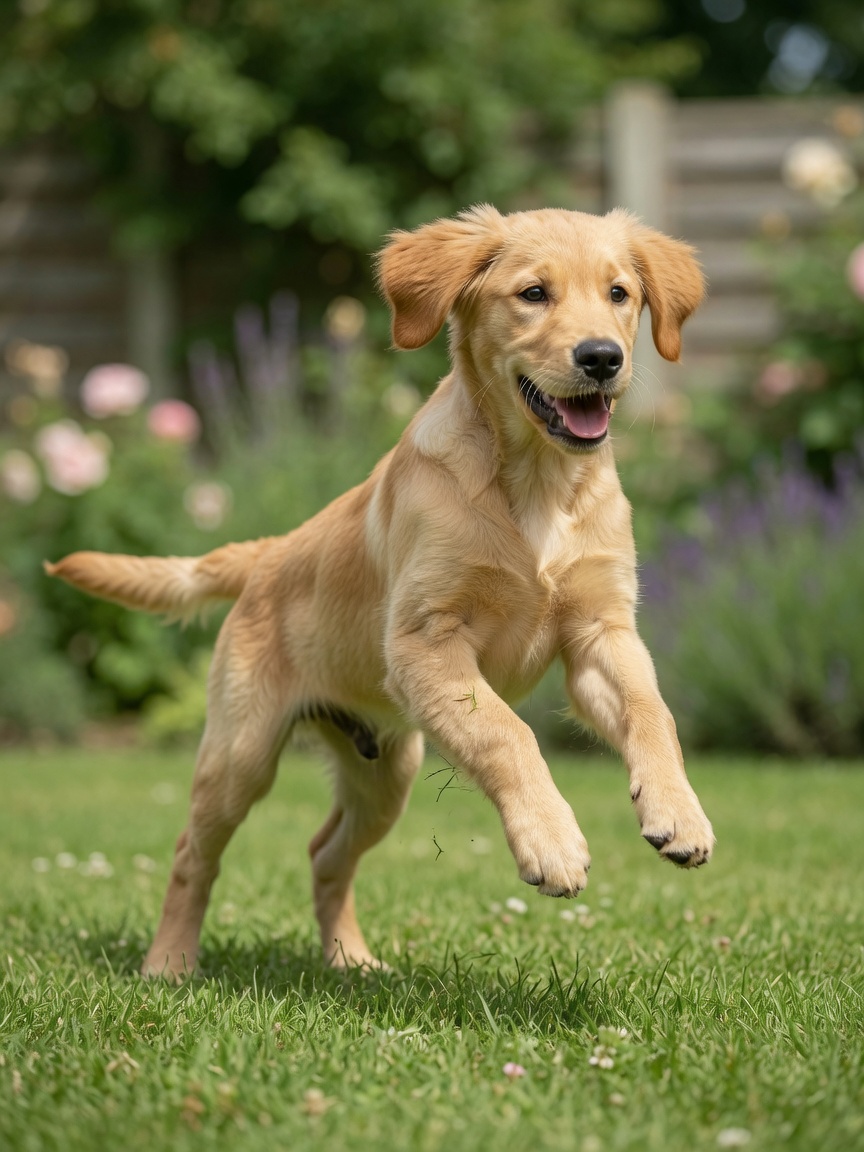 Young golden retriever puppy playing energetically in a garden during growth phase