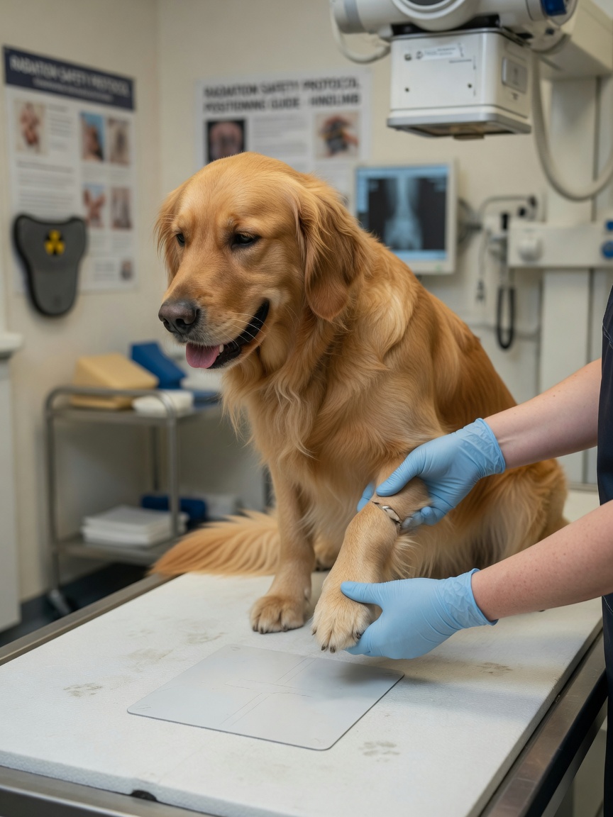 Golden retriever being positioned by a veterinarian for hip X-ray examination