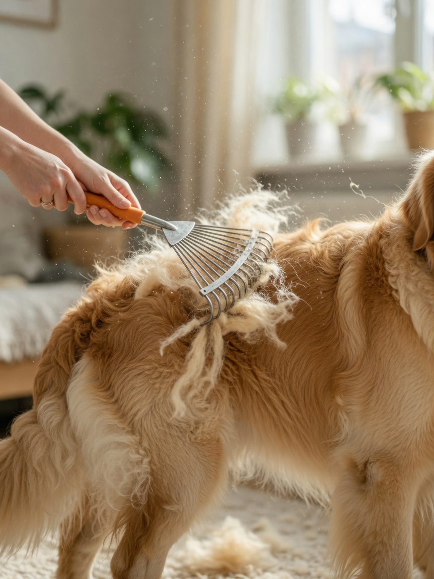 Golden Retriever beim aktiven Fellwechsel mit Unterwolle-Harke, die große Mengen loser Unterwolle entfernt