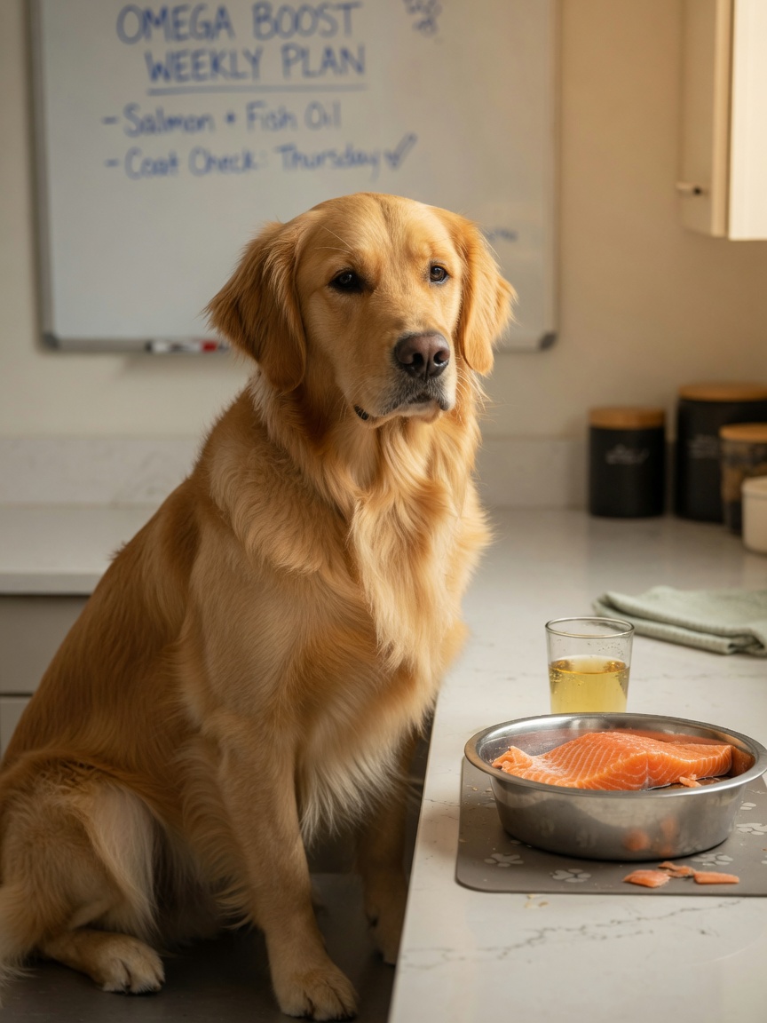Golden Retriever mit glänzendem gesundem Fell neben Omega-3-reichen Nahrungsquellen einschließlich Lachs und Fischöl