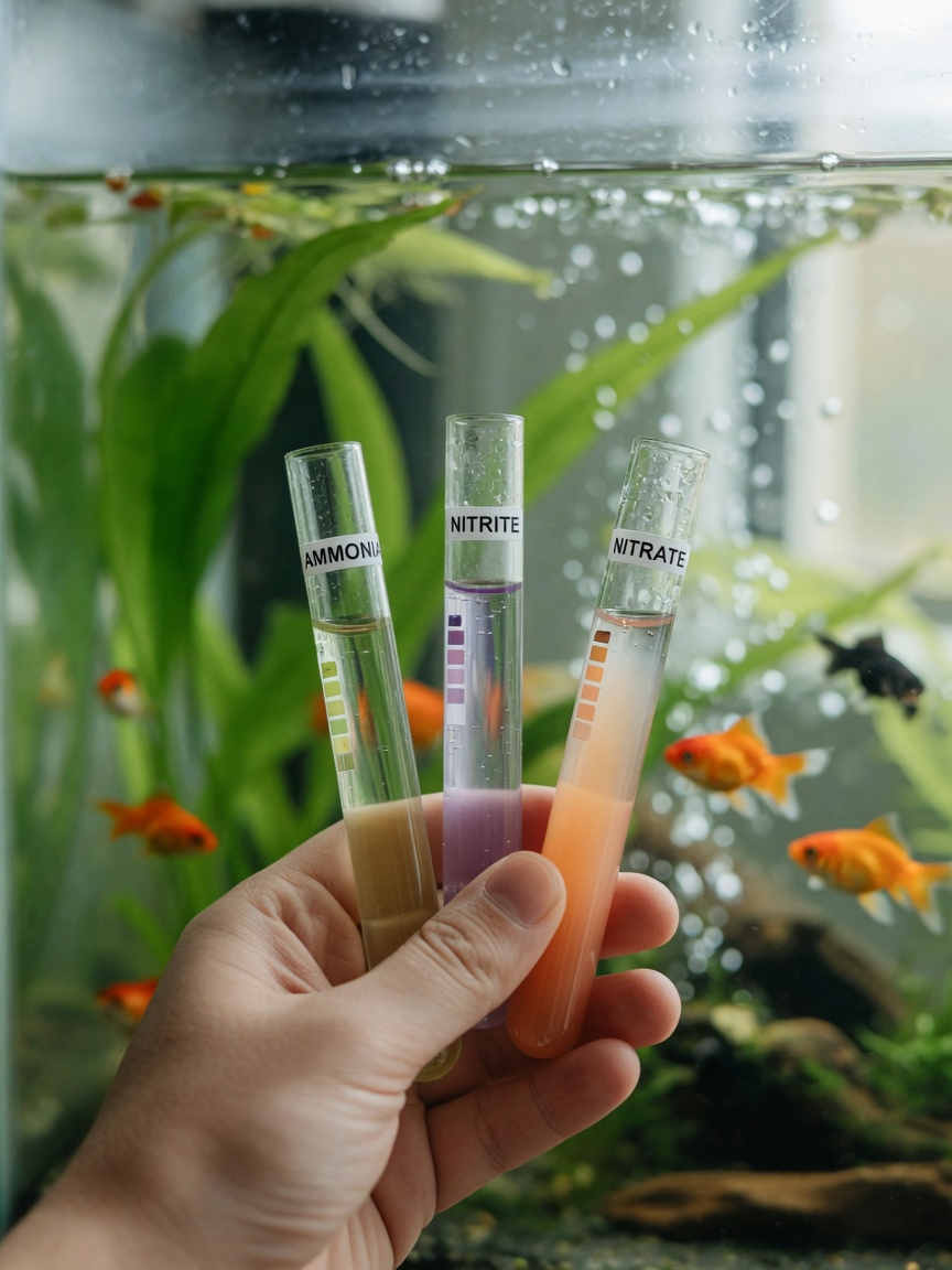 Aquarium water test kit tubes being held up to light to check water parameters for the nitrogen cycle