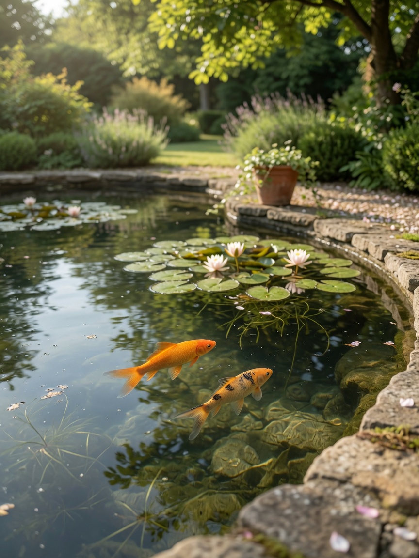 A well-established outdoor garden pond with Common goldfish swimming among water lilies and aquatic plants