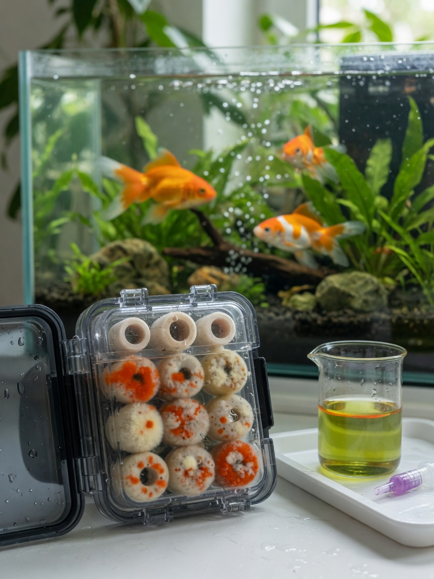 Aquarium filter media with bacterial colonies and ammonia test kit, showing proper nitrogen cycle management