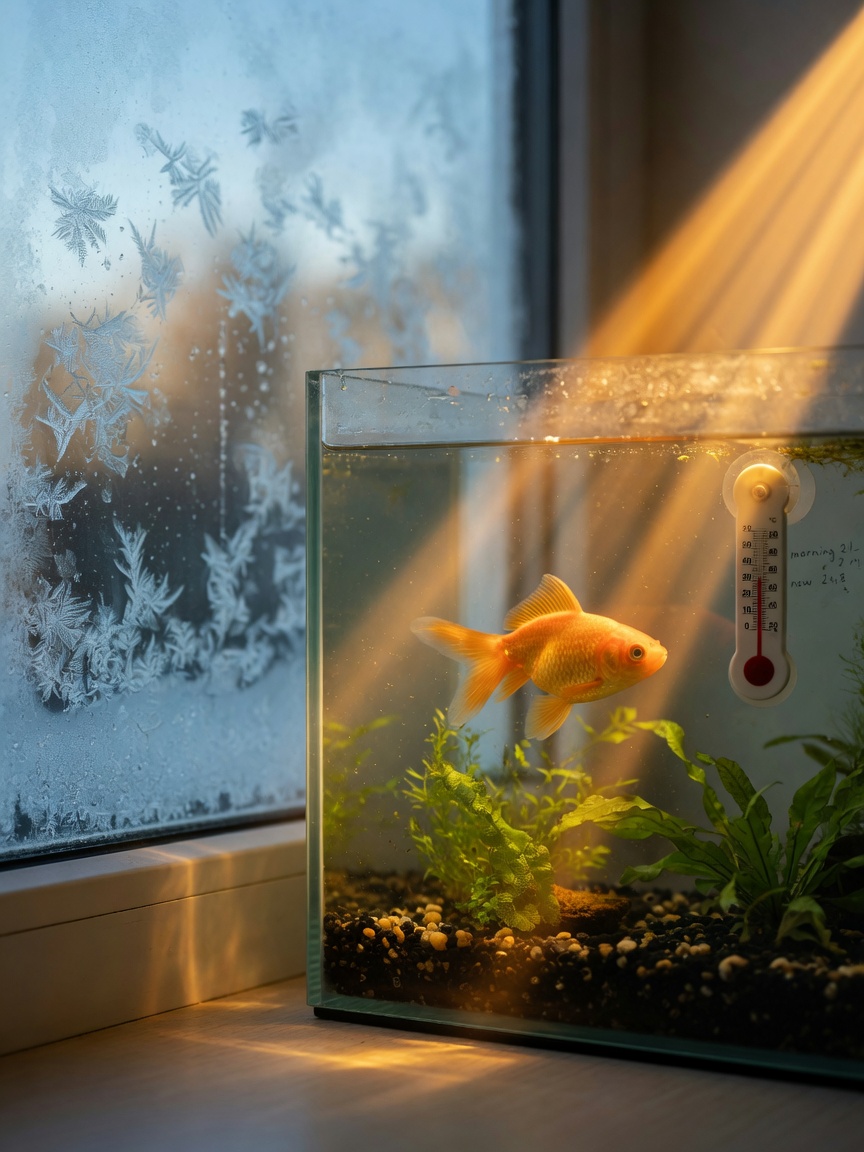Goldfish tank positioned by a sunny window, illustrating temperature fluctuation risk from environmental exposure