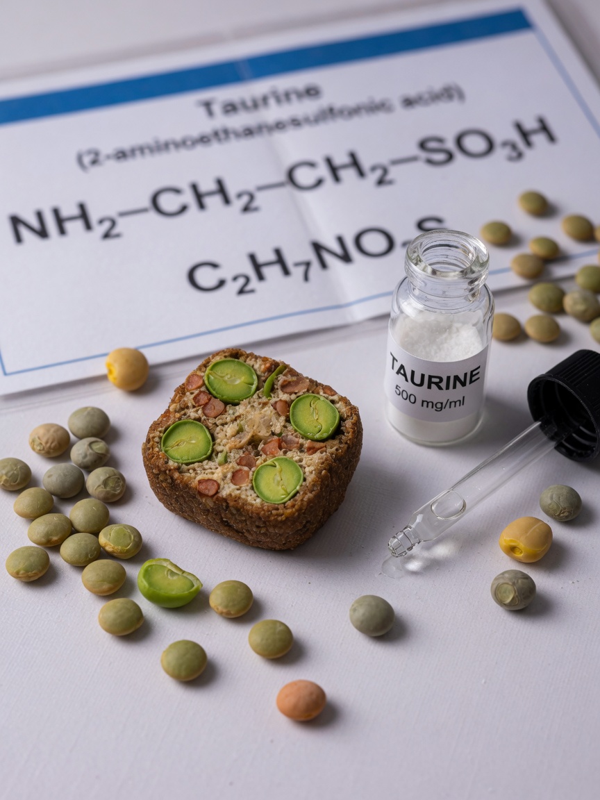 Close-up of grain-free kibble containing lentils and peas with taurine supplement vial, illustrating DCM mechanism