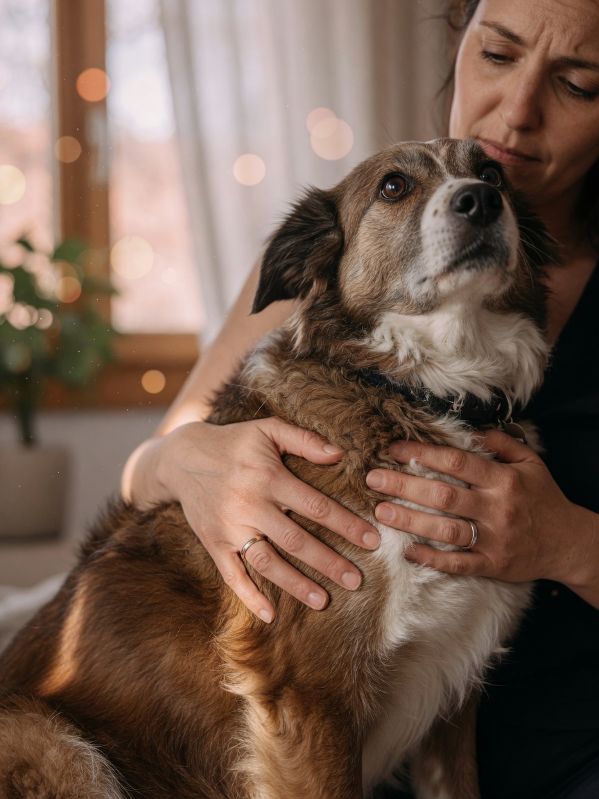 Manos del propietario comprobando suavemente el pecho de su perro para la salud cardíaca